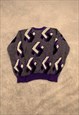 VINTAGE KNITTED JUMPER ABSTRACT PATTERNED GRANDAD SWEATER