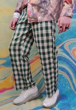 Retro print joggers check pants old chess overalls in green