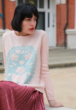 Long Sleeve Jumper with Floral Skull Design and Pearl Embell