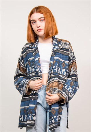 VINTAGE 90'S BLUE AZTEC PATTERN OPEN COLLAR SHIRT