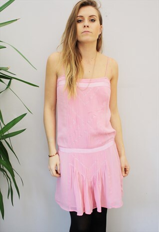 PINK VINTAGE PLEATED EMBROIDERED 20S STYLE STRAP DRESS