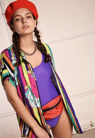 80'S RETRO STRIPED COLOR BLOCK FLORAL FESTIVAL SHIRT TOP