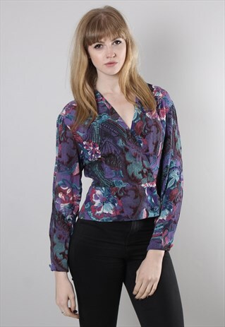 VINTAGE 80S PURPLE FLORAL PATTERNED WRAP TOP