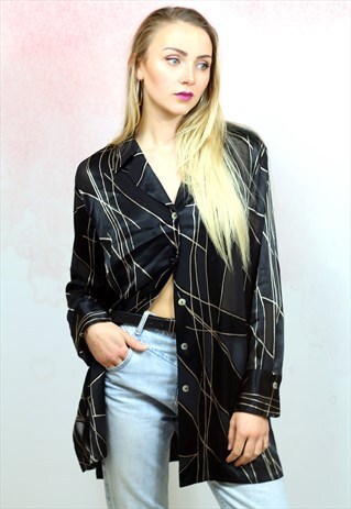 1990S VINTAGE JET BLACK SEMI SHEER BUTTON UP SHIRT BLOUSE