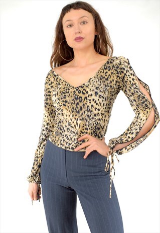 VINTAGE Y2K 00S LEOPARD ANIMAL PRINT TOP TIE UP CUFFS