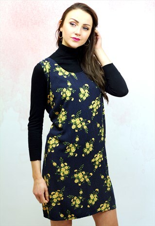 1990S VINTAGE NAVY POLKA DOT AND YELLOW FLORAL MINI DRESS