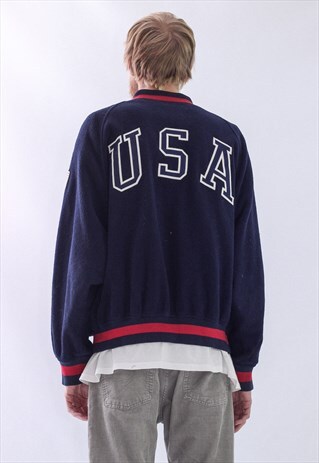 VINTAGE MENS POLO SPORT USA BIG LOGO FLEECE BOMBER JACKET