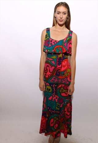 VINTAGE 60S HAWAIIAN MAXI DRESS PSYCHEDELIC PRINT GOWN M L