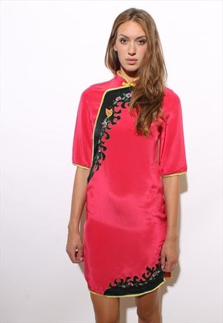 VINTAGE 1970'S 70'S MAGENTA SILK CHEONGSAM QIPAO DRESS S-M
