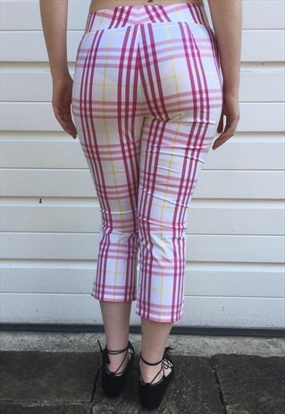 WOMENS BURBERRY TROUSERS WHITE PINK NOVA CHECK 3/4 PANTS
