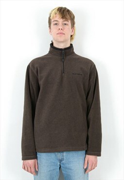Vintage L Men's Fleece Jumper Brown Pullover Sweatshirt Zip