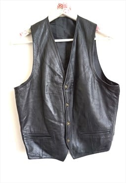 Vintage Black Genuine Leather Vest Biker Rocker Top Classic