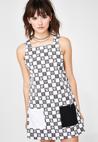 'GLOOMY TOONS' CUTE ANIMAL CHECKERBOARD PRINT PINAFORE DRESS