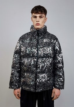 Silver sequin bomber glitter jacket metallic puffer party