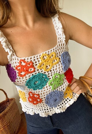 HANDMADE RECYCLED CROCHET MULTI FLOWER COLORFUL BLOUSE TOP