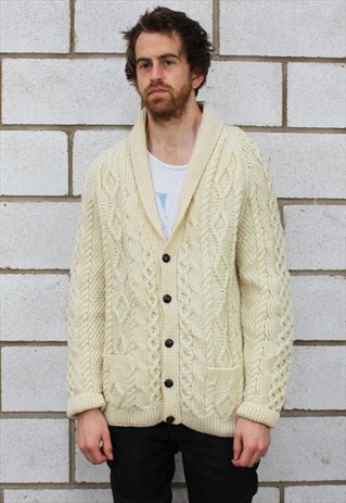 VINTAGE SHAWL COLLAR HAND KNIT CABLE SWEATER CARDIGAN