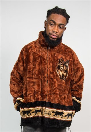90'S VINTAGE WOLF BROWN TEDDY FUR FLEECE JACKET