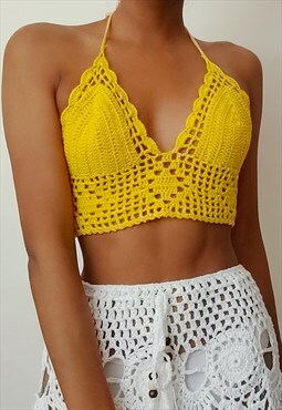 Tianna Yellow Crochet festival halter neck tie back crop top