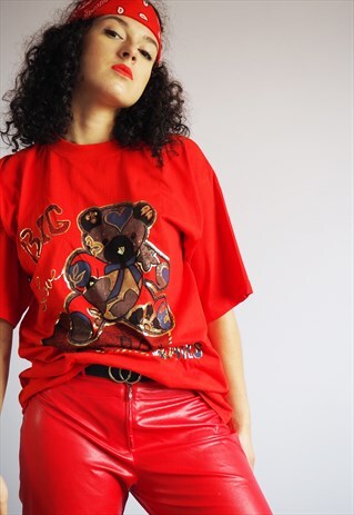 Y2K VINTAGE TEDDY BEAR PRINT OVERSIZE T-SHIRT TEE IN RED