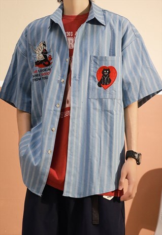 Blue Washed Striped Embroidered Denim Oversized Shirt