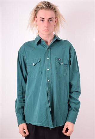 WRANGLER MENS VINTAGE DENIM SHIRT XL GREEN 90S