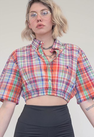VINTAGE REWORKED RALPH LAUREN CROP TOP SHIRT IN RED CHECKED