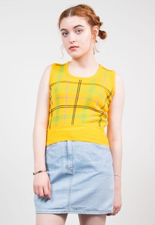 VINTAGE 70'S YELLOW GRID CHECK KNIT TOP