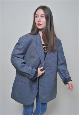 Oversized plaid blazer, women vintage wool suit jacket