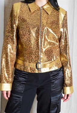 Vintage 90s Gold Leopard Print Belted Jacket