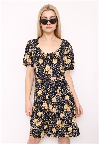 VINTAGE 90S DARK FLORAL PRINT MINI DRESS