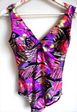 Vintage 90's Neon Floral Swimsuit. 1990s Swim Suit. Cotton Swim Wear.  Leotard. One Peice. Medium Tolarge. 