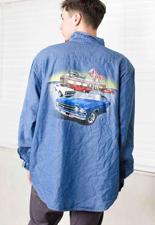VINTAGE CHEVROLET DENIM SHIRT LOGO 90S XL 17.1