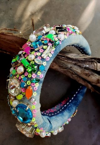 'RADS' LOTUS BY CHLOE ACID WASH BEJEWELLED DENIM HEADBAND