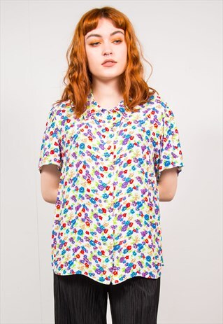 VINTAGE 90'S BRIGHT MULTICOLOUR FLORAL SHORT SLEEVE SHIRT