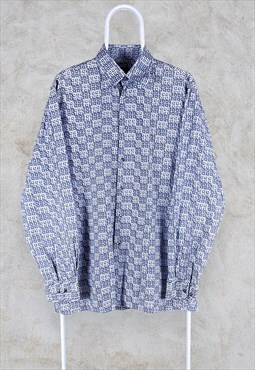 Patterned Hugo Boss Shirt Long Sleeve Blue Geometric Large