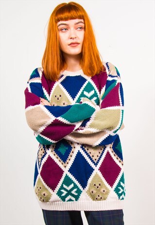 VINTAGE 90'S MULTICOLOUR DIAMOND PATTERN KNIT JUMPER