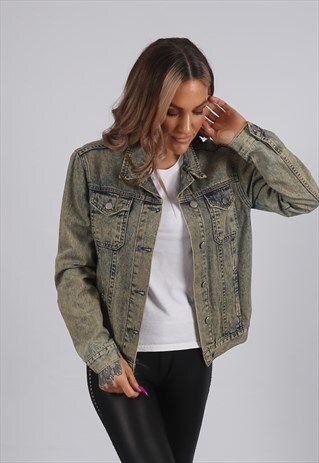 VINTAGE Y2K DENIM JACKET MOTO DIRT WASH UK 10 S (53B)