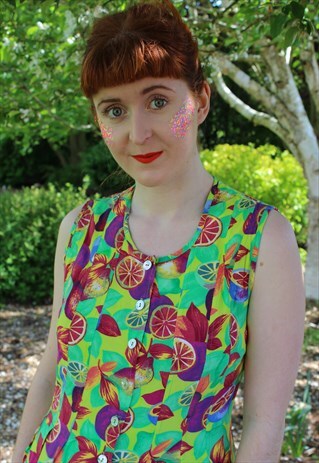 VINTAGE 80'S GREEN FESTIVAL MAXI DRESS WITH CITRUS PRINT