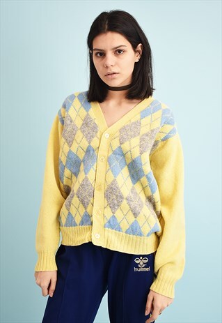 80'S RETRO PASTEL ARGYLE PATTERN WOOL KNIT CARDIGAN