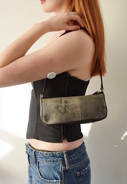 y2k grey mini baguette shoulder bag with denim print