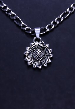 Silver Neck Chain Men Flower Figaro Chain Necklace Charm