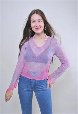 Vintage pink trasparent blouse, summer boho shirt 