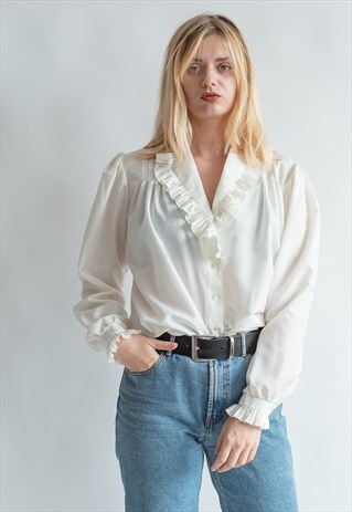 VINTAGE 70S BOHO PARIS CHIC BLOUSE WITH RUFFLE EDGE