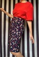 VINTAGE 70S NAVY MIDI SKIRT WITH RED AND WHITE FLORALS, UK12