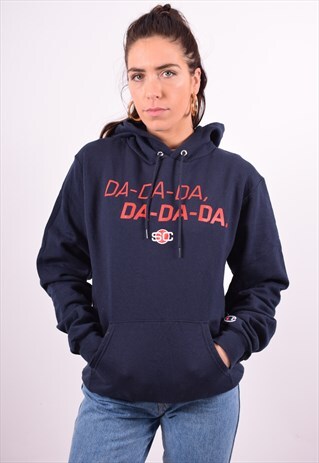 CHAMPION WOMENS VINTAGE HOODIE JUMPER SMALL NAVY BLUE 90'S