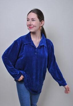Vintage oversized collared sweatshirt, retro blue shirt 