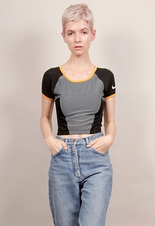 VINTAGE 90'S NIKE BLACK MESH ORANGE TRIM CROP SPORTS TOP