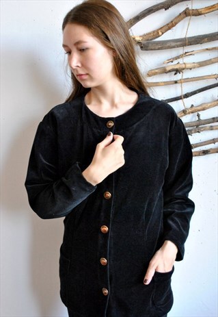 VINTAGE BLACK VELVET BLOUSE, VELOUR EVENING SHIRT