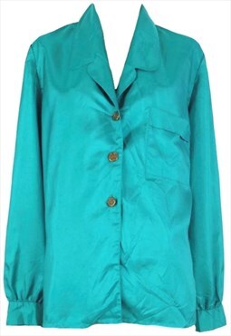 Vintage Button Up Blouse 80s Turquoise Collared Long Sleeve