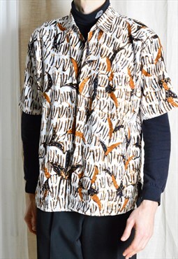Vintage 80s White Black Brown Abstract Short Sleeve Shirt
